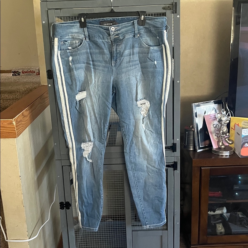 Torrid Blue Distressed Straight Leg Jeans with White Stripes